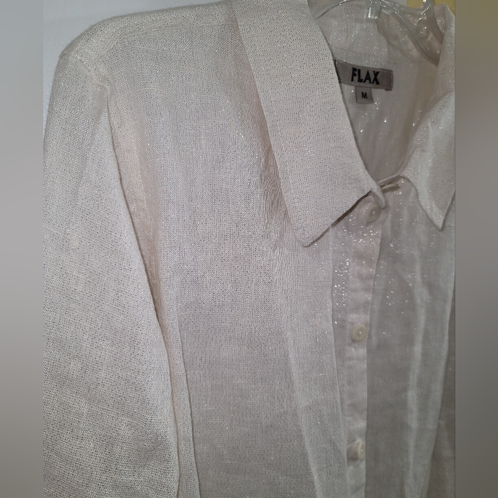 Flax Linen Blend Button-Up Tunic Shirt Silver Metallic Threading Cream Lagenlook - Picture 3 of 6